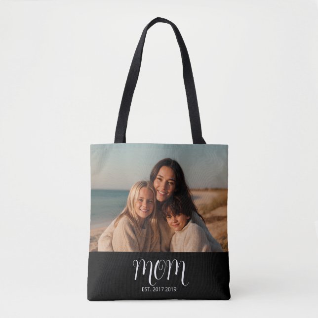 Black Graceful Script Mom Established Photo Gift Tote Bag (Front)