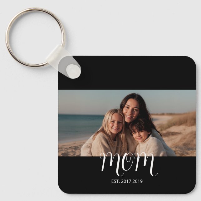 Black Graceful Script Mom Established Photo  Key Ring (Front)