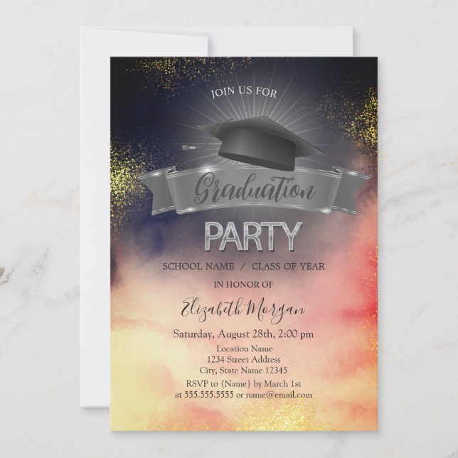 Black Grad Cap Colourful Watercolor Graduation  Invitation (Front)