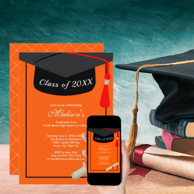 Black Grad Cap Diploma Orange Graduation Party Invitation (Black Grad Cap Diploma Orange Graduation Party Invitation)