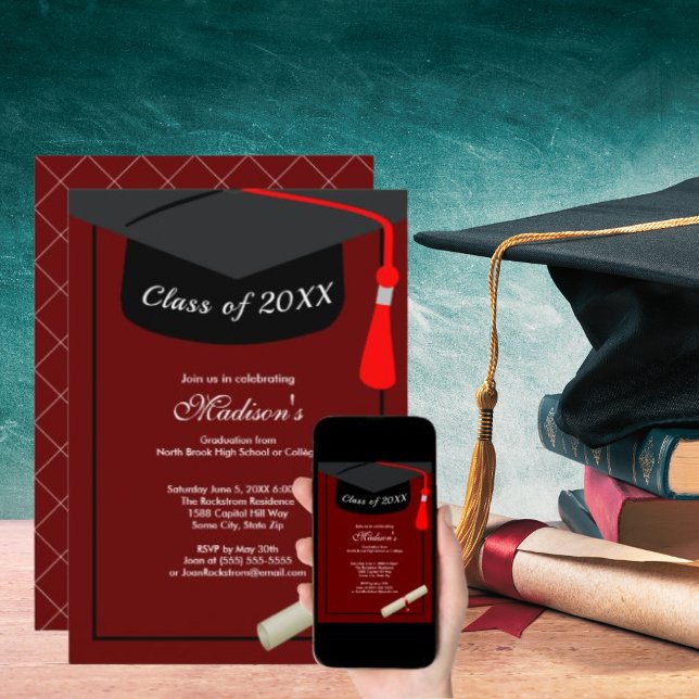 Black Grad Cap Diploma Simple Graduation Party Red Invitation (Black Grad Cap Diploma Simple Graduation Party Red Invitation)