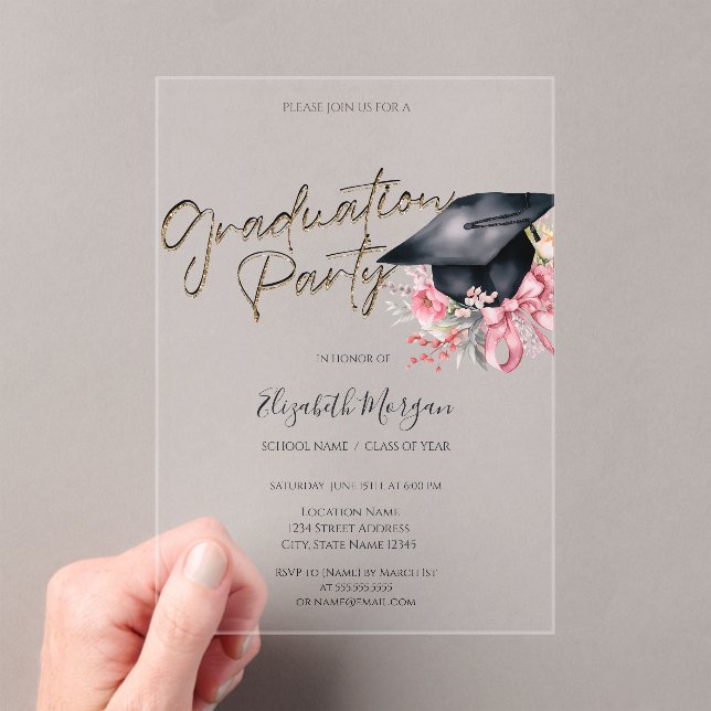 Black Grad Cap Flowers Bow Your Photo Graduation Acrylic Invitations (Insitu (Handheld))