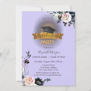 Black Grad Cap,Flowers Light Purple Graduation  Invitation