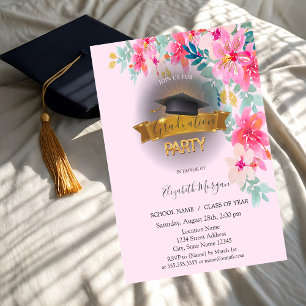 Black Grad Cap,Spring Flowers Graduation  Invitation