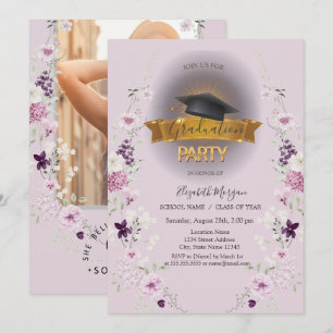 Black Grad Cap,Wildflowers Photo Lilac Graduation  Invitation