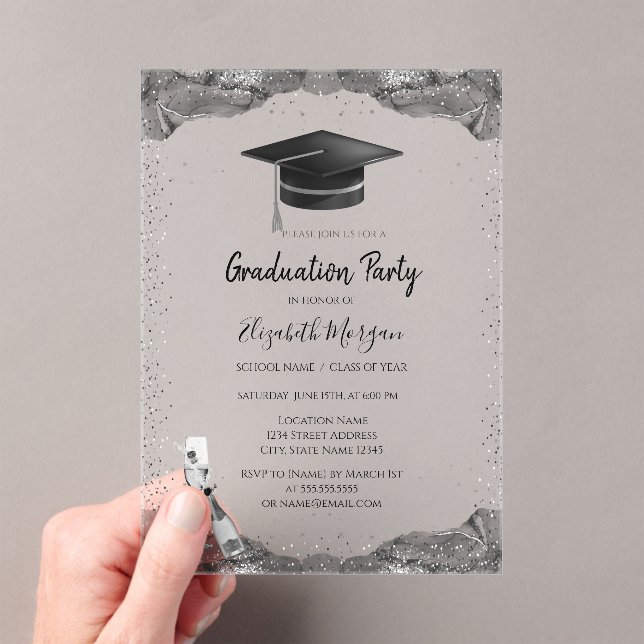 Black Grad Cap,Wine Glass Confetti Graduation Acrylic Invitations (Insitu (Handheld))