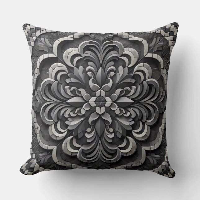 Black Gradient Mandala: Deep Mosaic Art Cushion (Front)