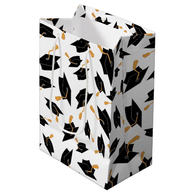 Black Graduate Caps Pattern on White Medium Gift Bag (Front Angled)