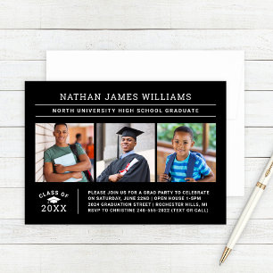 Black Graduate Three Photo Graduation Party Invitation