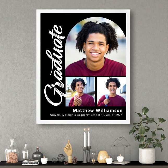 Black Graduation 3 Photo Bold Arch White Script Poster (Creator Uploaded)