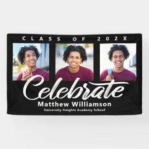 Black Graduation 3 Photo Bold White Script Minimal Banner