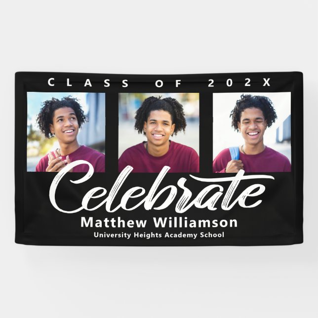 Black Graduation 3 Photo Bold White Script Minimal Banner (Horizontal)