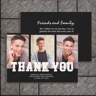 Black Graduation 3 Photo Thank You Card
