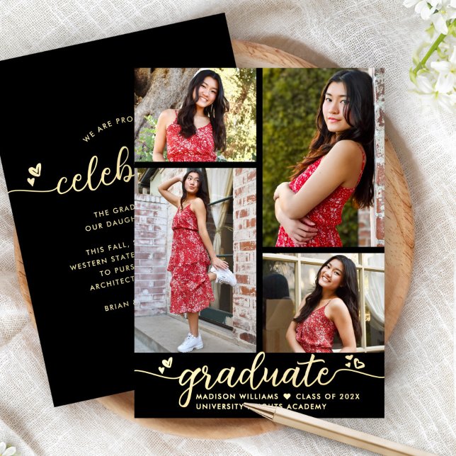 Black Graduation 4 Photo Modern Script Real Gold (Creator Uploaded)