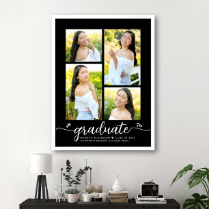 Black Graduation 4 Photo White Script Hearts Girly Poster