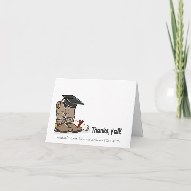 Black Graduation Cap and Cowboy Boot Thank You Card (Front)