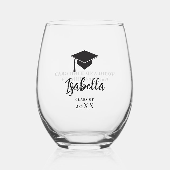 Black Graduation Cap Calligraphy Custom Grad Gift Stemless Wine Glass (Front)