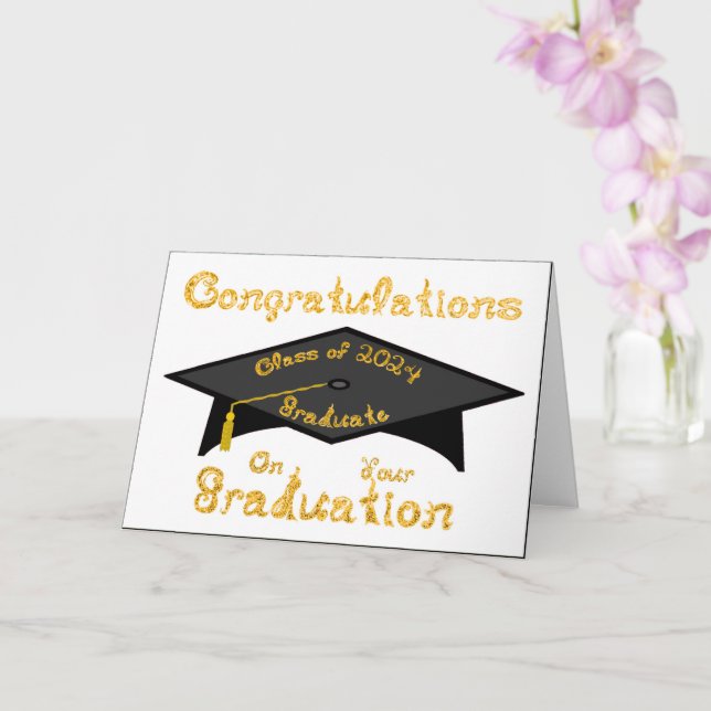 Black Graduation Cap Gold Graduate Class 2024 Hat  Card (Orchid)