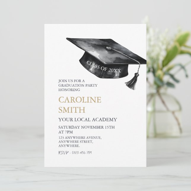 Black Graduation cap Graduation Party  Invitation (Standing Front)
