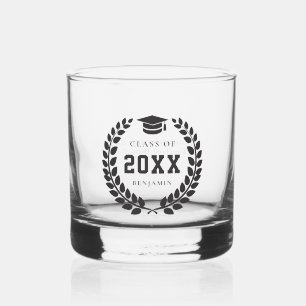 Black Graduation Cap Laurel Wreath Custom Gift Whiskey Glass