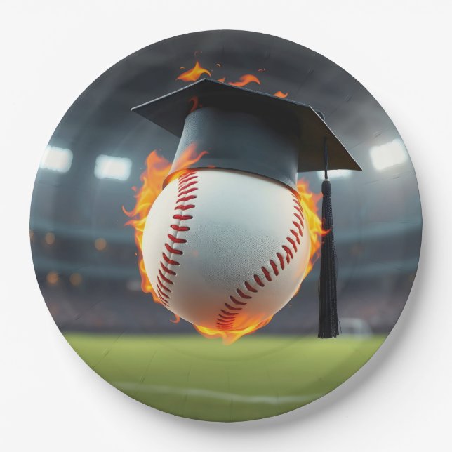 Black Graduation Cap On a Flaming Baseball Paper Plate (Front)