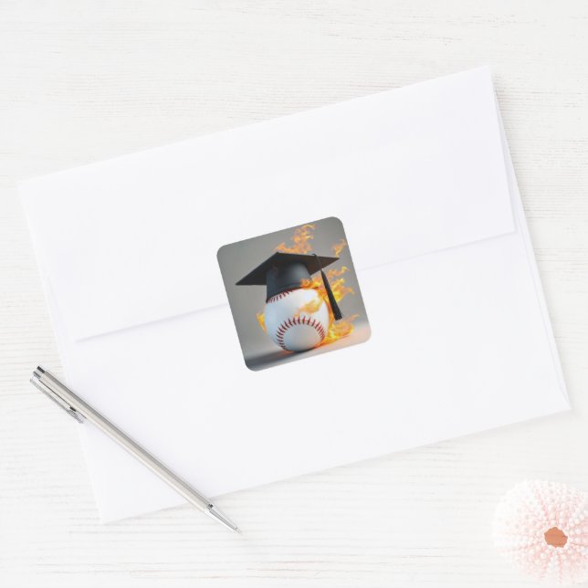 Black Graduation Cap On a Flaming Baseball Square Sticker (Envelope)