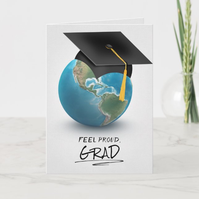 Black graduation cap on globe card (Front)