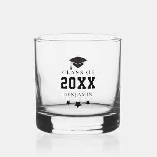 Black Graduation Cap Stars Personalised Grad Gift Whiskey Glass