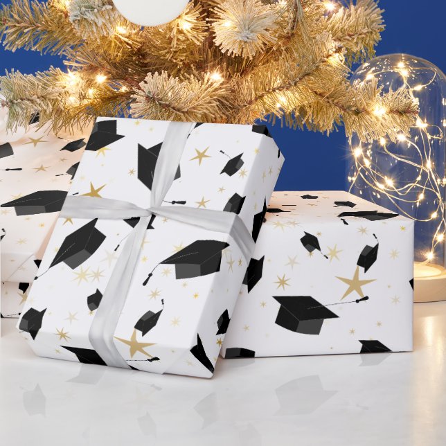 Black Graduation Cap Toss Wrapping Paper (Holidays)