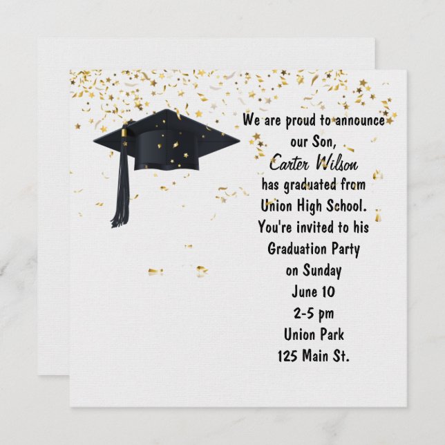 Black Graduation Cap with Gold Confetti  Invitation (Front/Back)