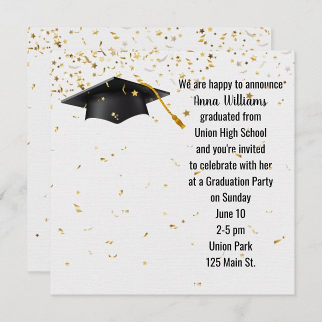 Black Graduation Cap with Gold Confetti Invitation (Front/Back)