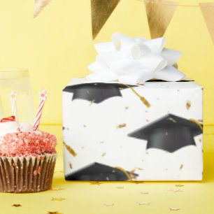 Black Graduation Caps and Gold Confetti Wrapping Paper