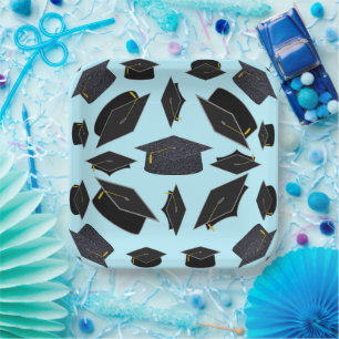 Black Graduation Caps Tossed In Air Graduate Paper Plate