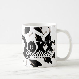 Black Graduation Caps Tossed in the Air on White Coffee Mug