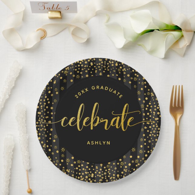 Black graduation gold glitter script confetti name paper plate (Wedding)