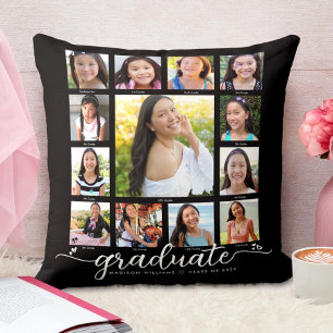 Black Graduation K–12 Modern Script Photo Collage Cushion