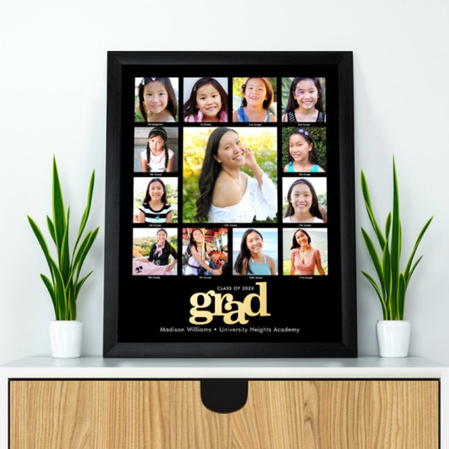 Black Graduation K–12 Photo Collage Bold Real Gold Foil Prints (Creator Uploaded)