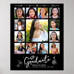 Black Graduation K–12 Photo Collage White Doodles Poster
