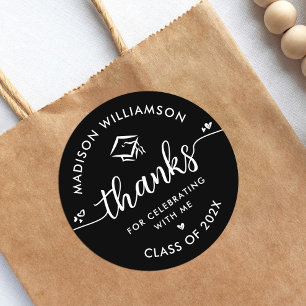 Black Graduation Modern Thank You Script Heart Cap Classic Round Sticker