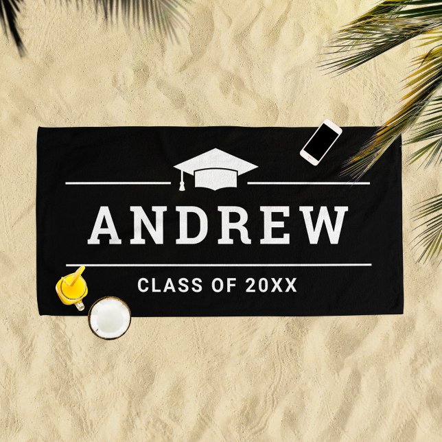 Black Graduation Party Personalised Name Beach Towel (Creator Uploaded)