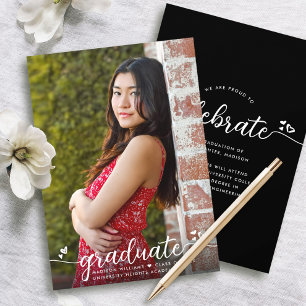 Black Graduation Photo Modern Calligraphy Hearts Announcement
