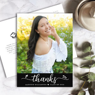 Black Graduation Photo Script Hearts Thank You Postcard