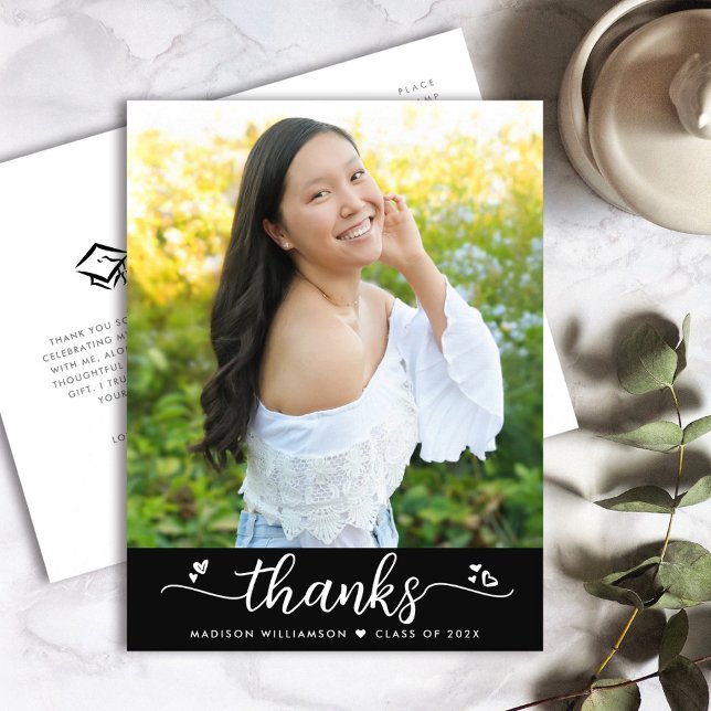 Black Graduation Photo Script Hearts Thank You Postcard (Creator Uploaded)