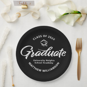 Black Graduation White Bold Retro Script Cap Icon Paper Plate