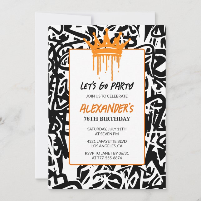 Black Graffiti Men 76th birthday invitation   (Front)