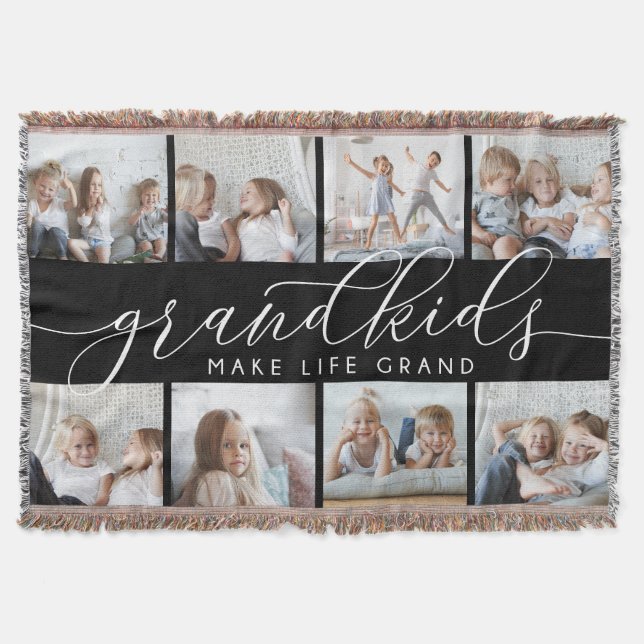 Black | Grandkids Make Life Grand Photo Collage Throw Blanket (Front)