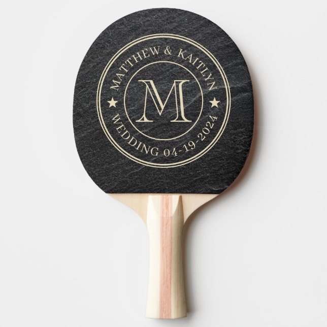 Black Granite Stone Wedding Monogram Star Ping Pong Paddle (Front)