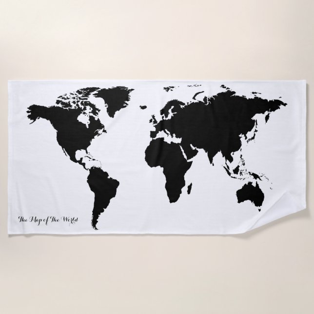 black graphic map of world on white beach towel (Front)