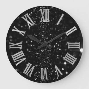 Black Graphite Glitter Grey Roman Numbers Large Clock