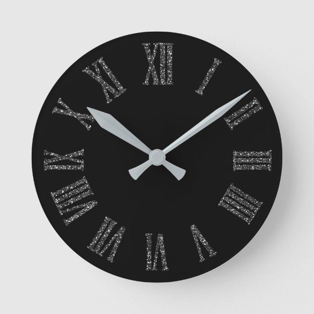 Black Graphite Glitter Grey Silver  Minimal Metal Round Clock (Front)